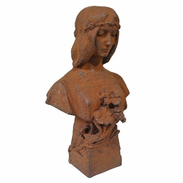 Art Noveau Artist, Female Bust with Flowers, Cast Iron For Sale - Image 3 of 9