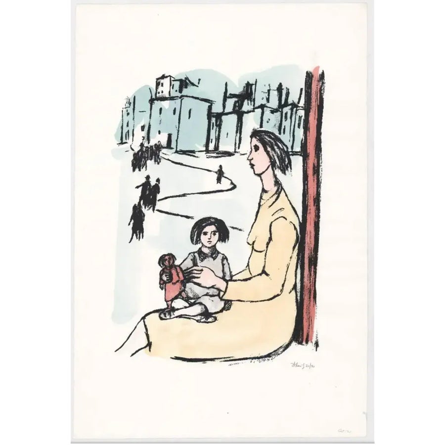 1970 Frank Kleinholz Three on Doorstep Handcolored Serigraph