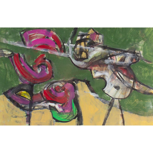 An abstract mixed media painting by the American artist James L. Bruch (1942-2023). Colorfully illustrated shapes and...