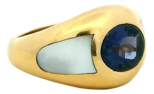 Vintage Mauboussin Paris 18k Yellow Gold Iolite & Mother-of-Pearl Dome Ring, Size 5