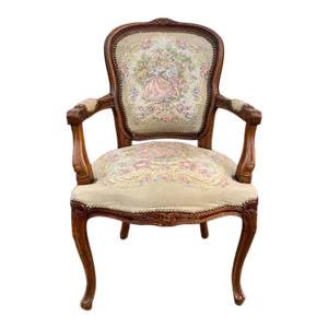 Late 20th Century Vintage French Louis XV Style Carved Fruitwood Needlepoint Armchair. Made in Italy