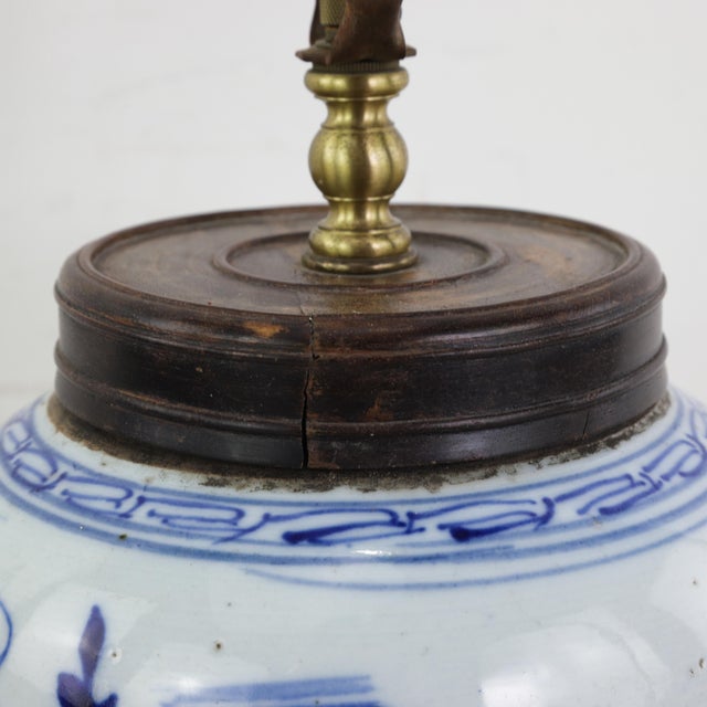 Blue Blue and White Antique Porcelain Vase Lamp With Cobalt Floral Motif on Wood Base For Sale - Image 8 of 16