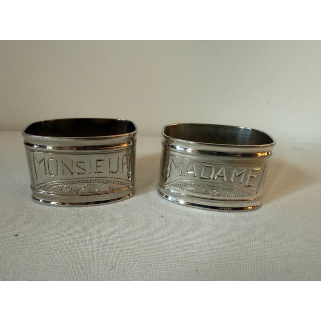 Vintage Silver Plated French Napkin Rings Monsieur & Madame, Set 2 For Sale - Image 4 of 12