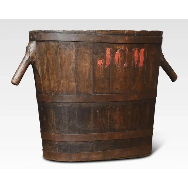 Oval-Shaped Log Bin with Oak Frame and Iron Bands For Sale - Image 4 of 7