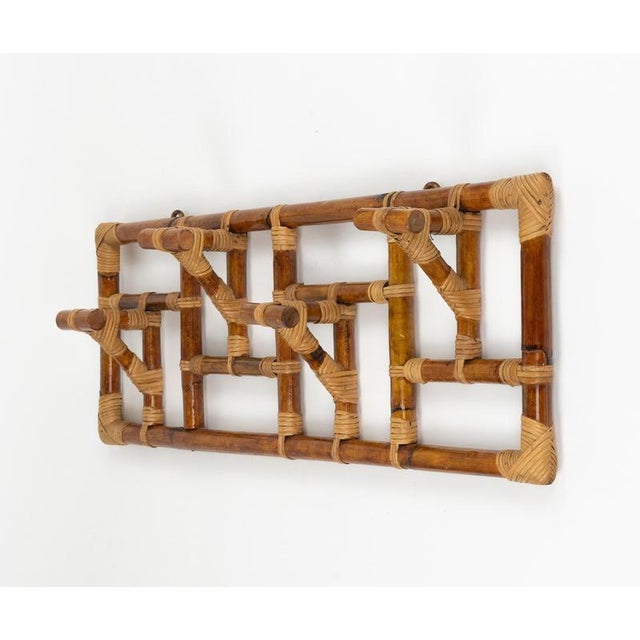 Mid-Century Modern Mid-Century Modern Wall Coat Rack in Bamboo and Rattan, 1970s For Sale - Image 3 of 16