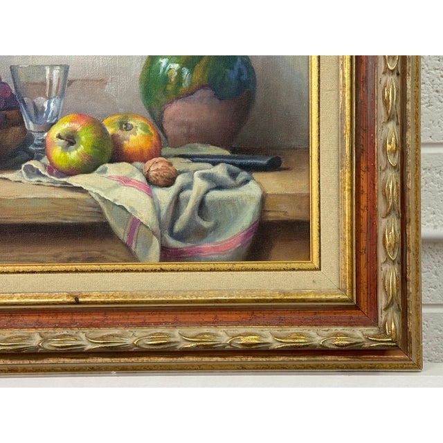 Antique White Still Life with Flowers & Fruit in a French Farmhouse Interior by French Artist 1992 Circa For Sale - Image 8 of 13