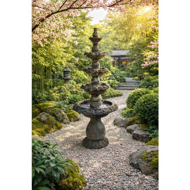 Asian Vintage Stacked Lotus Flower Stone Fountain For Sale - Image 3 of 3