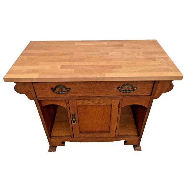 Mission Antique Mission Oak Kitchen Island Cabinet Prep Station Chop Top Open Side Shelf For Sale - Image 3 of 12