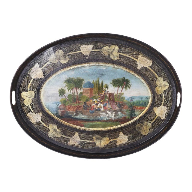 Antique English Tole Tray With Orientalist Painting For Sale