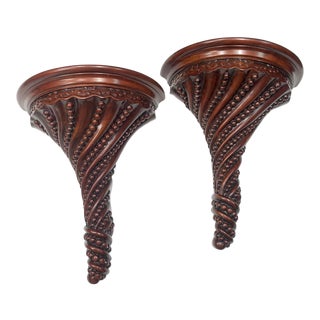Maitland-Smith Hand Carved Wood Wall Shelves - a Pair For Sale