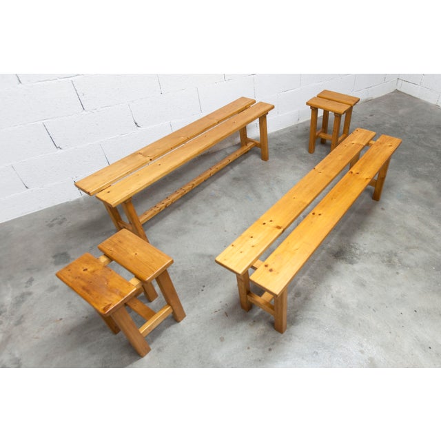 Vintage Benches and Stools in Mountain Pine, 1970, Set of 4 For Sale - Image 3 of 18