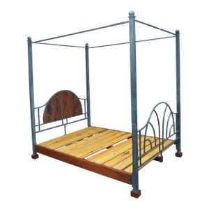 Gray Iron / Steel & Rhodesian Teak Full Size Canopy Bed W/ Slats & Side Curtain Rings