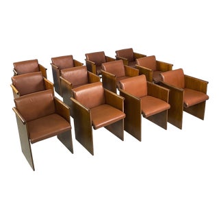 Italian Modern Brown Leather and Wood Armchairs from Azucena, 1970s, Set of 12 For Sale