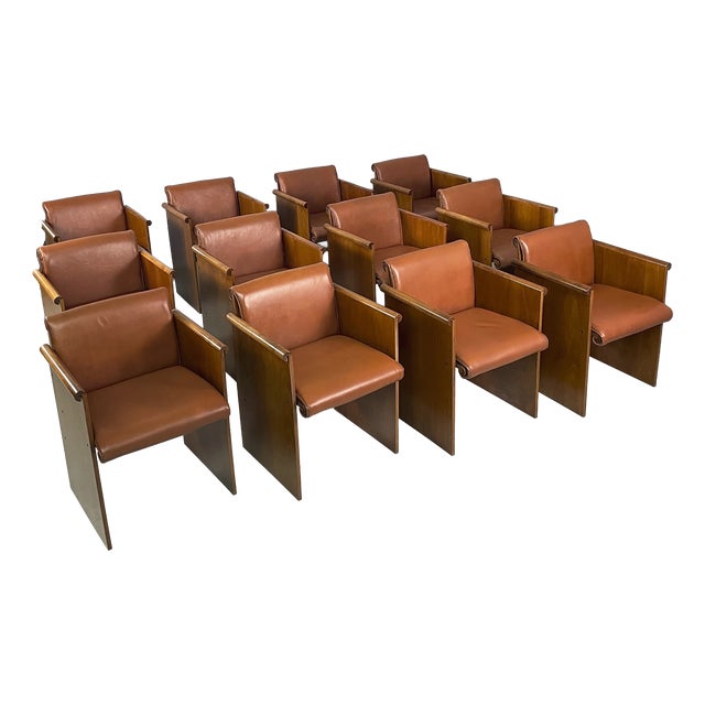 Italian Modern Brown Leather and Wood Armchairs from Azucena, 1970s, Set of 12 For Sale