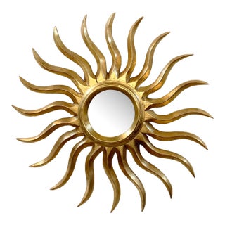 Art Noveau Style Hand-Carved Giltwood Sunburst Mirror, Spain, 77cm For Sale