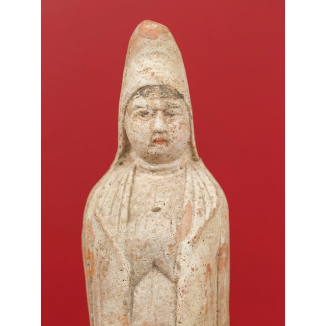 Mid 20th Century Chinese Qing Dynasty Small Hand Painted Terracotta Statues - a Pair For Sale - Image 12 of 13