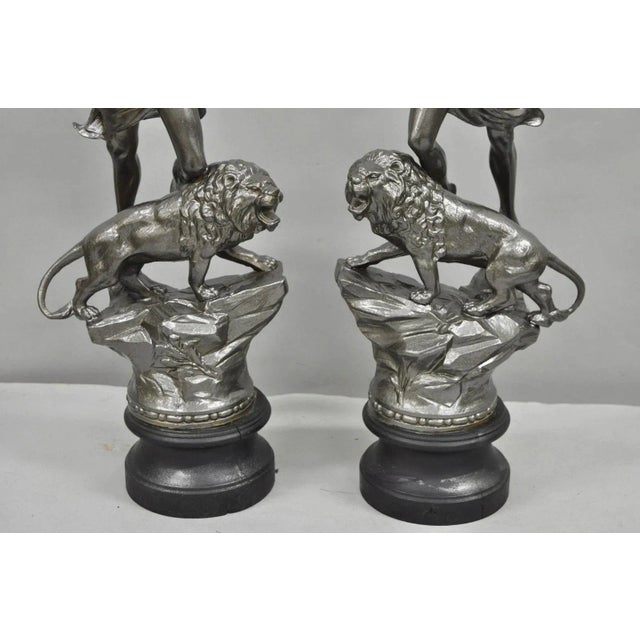 Antique French Renaissance "Le Force & Le Pouvoir" Spelter Metal Sculpture Pair For Sale - Image 4 of 12