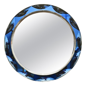 Mid-Century Round Blue Diamond Double Beveled Mirror attributed to Galvorame, Italy, 1970s