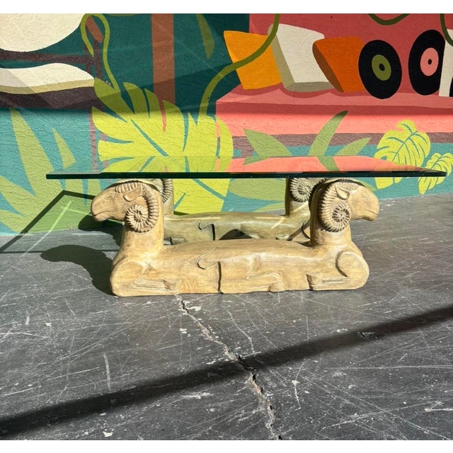 Postmodern Double Rams Head Glass Coffee Table For Sale - Image 3 of 13