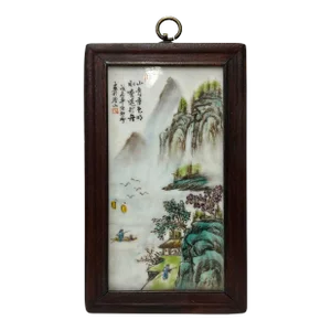 Chinese Wood Frame Porcelain Mountain Tree Scenery Wall Plaque Panel