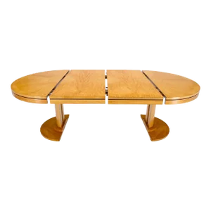 Baker Satin Wood Blond Single Pedestal Banded Round Dining Table Two Leaves
