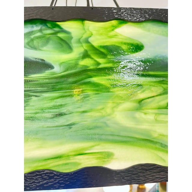 Metal 1930s Italian Art Deco White Green Murano Glass Black Iron Lantern For Sale - Image 7 of 12