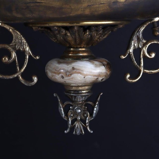 Late 19th Century Victorian Brass, Bronze & Crystal Chandelier With Peachblow Hobnail Glass Shade For Sale - Image 10 of 17