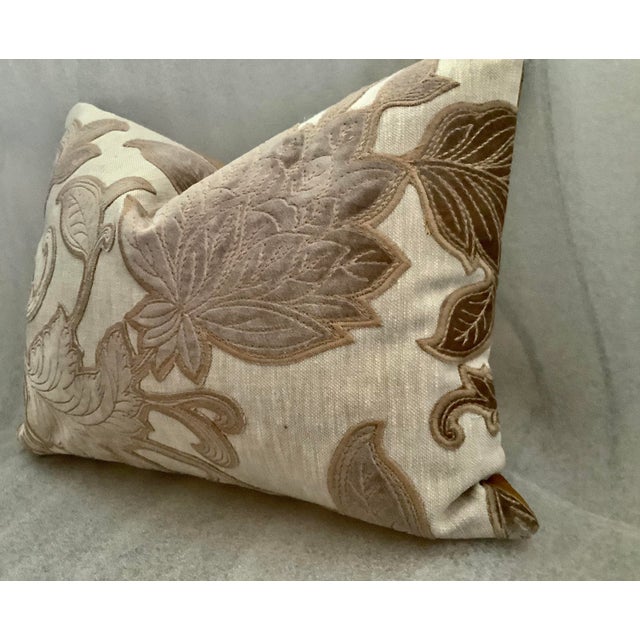 Ivory Velvet Foliage Appliquéd Silk Linen Decorative Boudoir Pillow Cover For Sale - Image 8 of 10