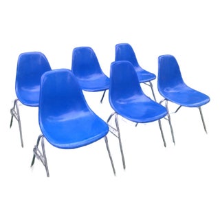 1970s 6 Blue Eames Stacking Chairs For Sale