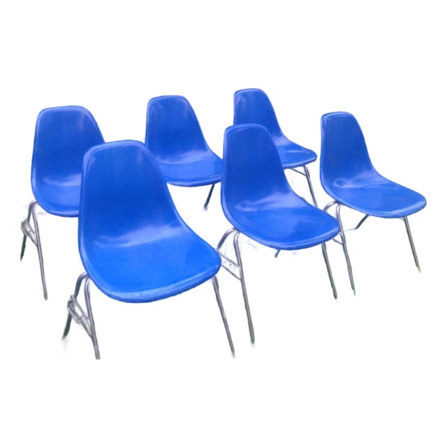 1970s 6 Blue Eames Stacking Chairs For Sale