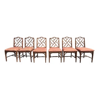 Vintage Chinese Chippendale Faux Bamboo Wooden Dining Chairs Set of 6 For Sale