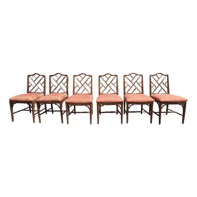 Vintage Chinese Chippendale Faux Bamboo Wooden Dining Chairs Set of 6 For Sale