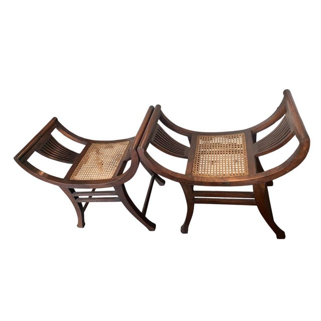A Pair of Vintage Anglo-Indian Mahogany and Cane Curule Accent Stools For Sale - Image 4 of 12