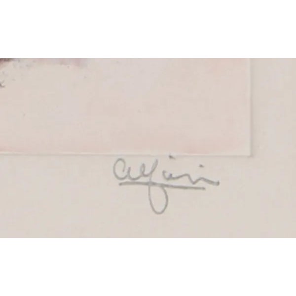 This hand-colored etching, titled "Dancer 2," was created by the Italian American artist, Philippe Alfieri (1921–2009) in...