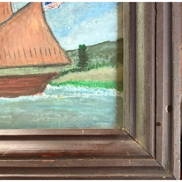 Beige Antique American Folk Art Painting - Clipper Ship With an American Flag For Sale - Image 8 of 10