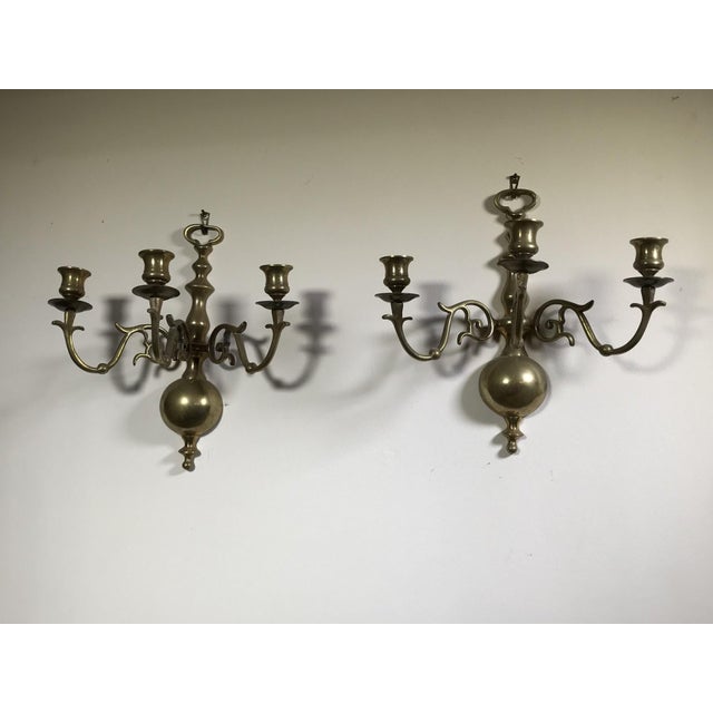 Vintage Three-Light Brass Candle Wall Sconces—A Pair For Sale - Image 4 of 8