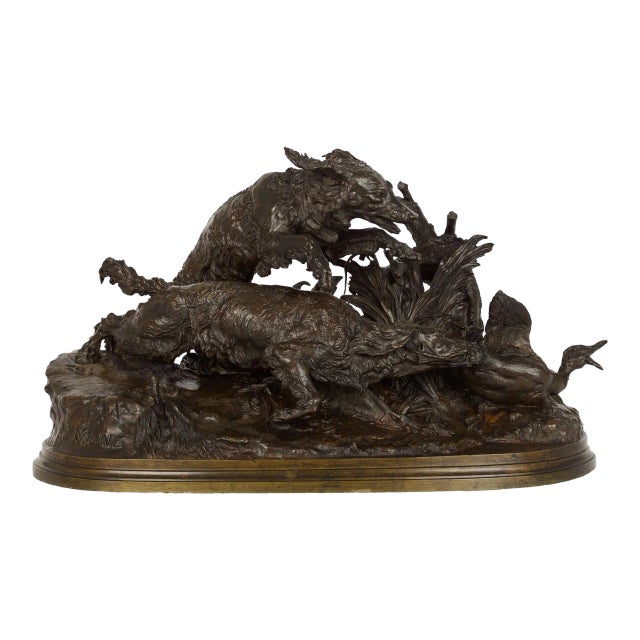 Authentic Atelier Cast Antique Bronze Sculpture of Duck Hunt by Pierre Jules Mene For Sale