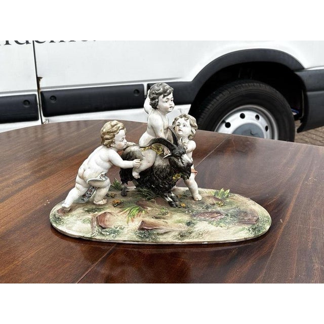 Porcelain Group of Nude Putti & the Goat Amalthea on Wooden Display Stand For Sale - Image 11 of 16