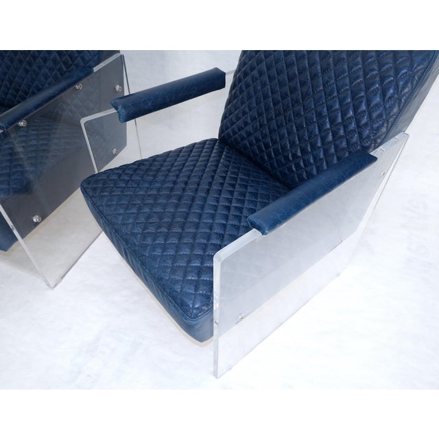 Pair of blue Quilted Leather Upholstery Seats Lucite Base Arm Lounge Club Chairs For Sale - Image 10 of 14