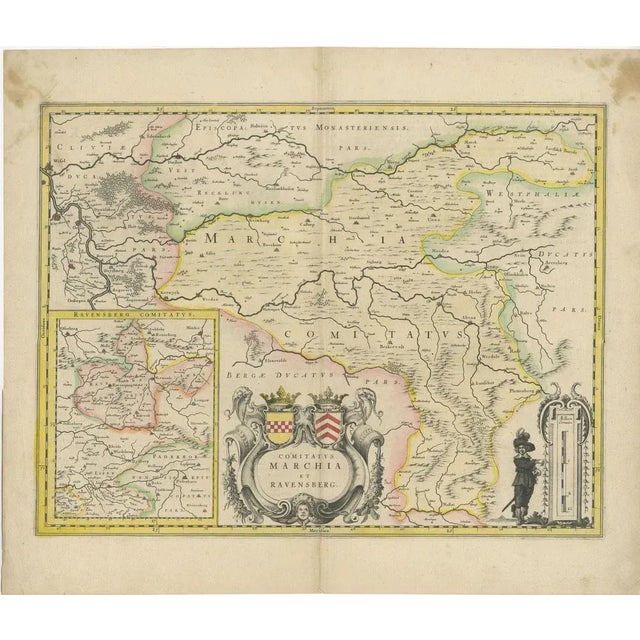Antique map titled 'Comitatus Marchia et Ravensberg'. This map depicts two historical counties of the Holy Roman Empire:...