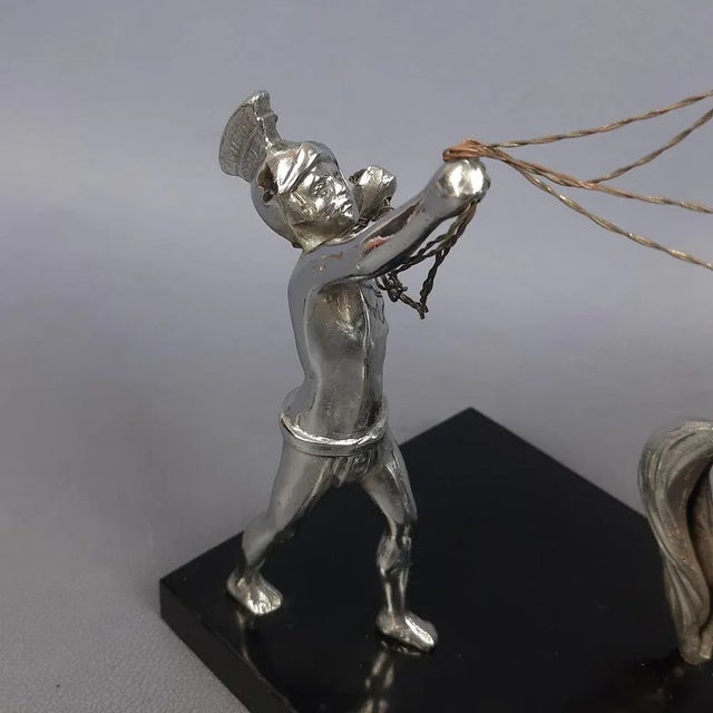 Antique Chromed Metal Sculpture of Roman Horse Trainer on Marble Base, 1930 For Sale - Image 10 of 16
