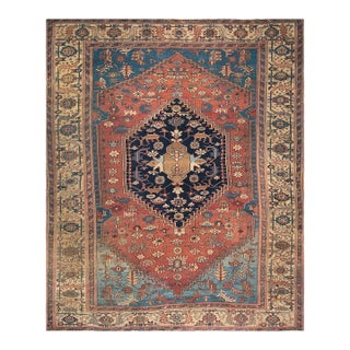1870s Red Rust Medallion Rustic Antique Persian Bakshaish Rug 10' 6" X13' 2" Wool Handknotted Carpet For Sale