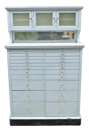 Antique Art Deco Medical Dental Cabinet Blue Painted W/Mirror and 22 Drawers