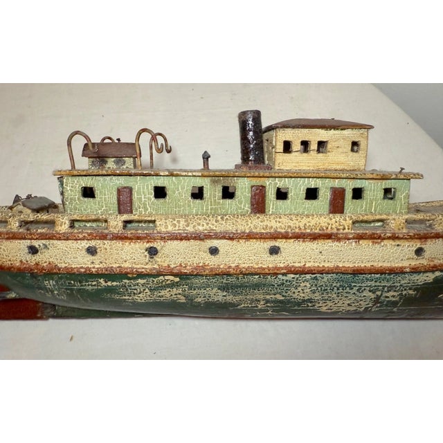 Rare Antique Handmade Carved Wood Folk Art Boat Model Tug Boat Ship Schiff For Sale - Image 14 of 18