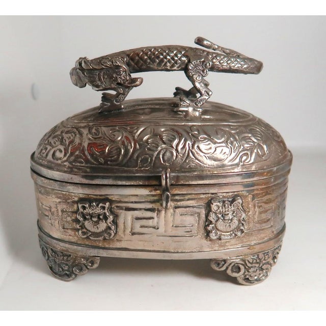 Vintage Asian Mixed Metal Dragon Lidded Dresser Box or Trinket Box. The dragon figure serves as as handle for the lid. The...