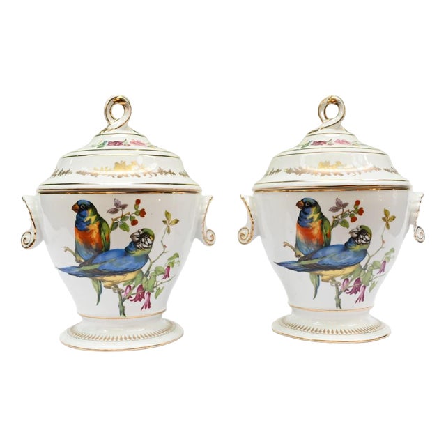 French Sevres Porcelain Lidded Pots with Parrots, Set of 2 For Sale