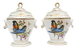 French Sevres Porcelain Lidded Pots with Parrots, Set of 2
