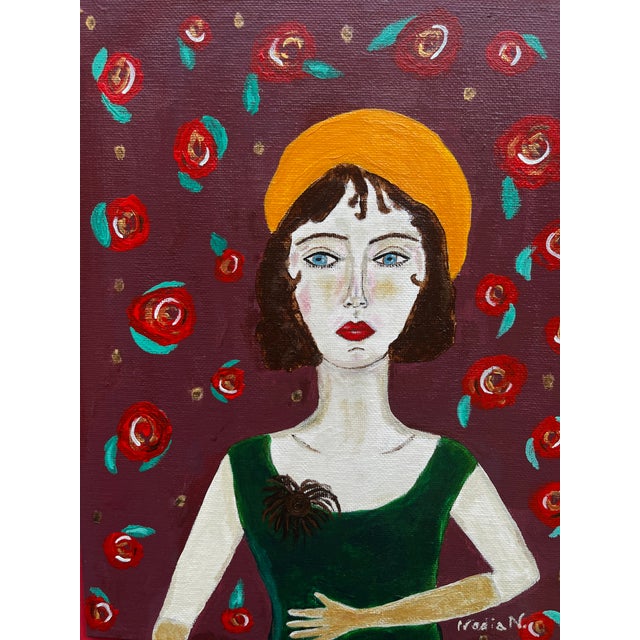 Abstract ‘Claire’ Abstract Acrylic Painting Portrait of a 1920s Inspired Woman Framed by Artist Nadia Nabhan For Sale - Image 3 of 3