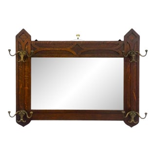 Antique Dark Oak Gothic Revival Hall Mirror With Brass Hooks For Sale