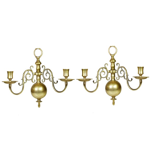 Vintage Tall Solid Brass Wall Mounted Sconces Double Candle Candlestick Holder - a Pair For Sale - Image 6 of 6